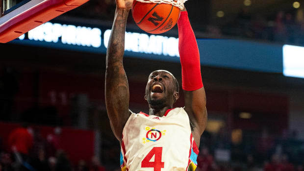 Feb 10, 2024; Lincoln, Nebraska, USA; Nebraska Cornhuskers forward Juwan Gary (4) dunks the ball against the Michigan Wolverines during the first half at Pinnacle Bank Arena.